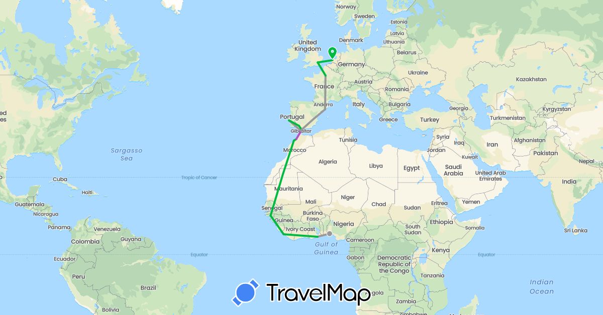 TravelMap itinerary: driving, bus, plane, train in Spain, France, United Kingdom, Ghana, Gibraltar, Guinea-Bissau, Liberia, Morocco, Nigeria, Netherlands, Portugal (Africa, Europe)